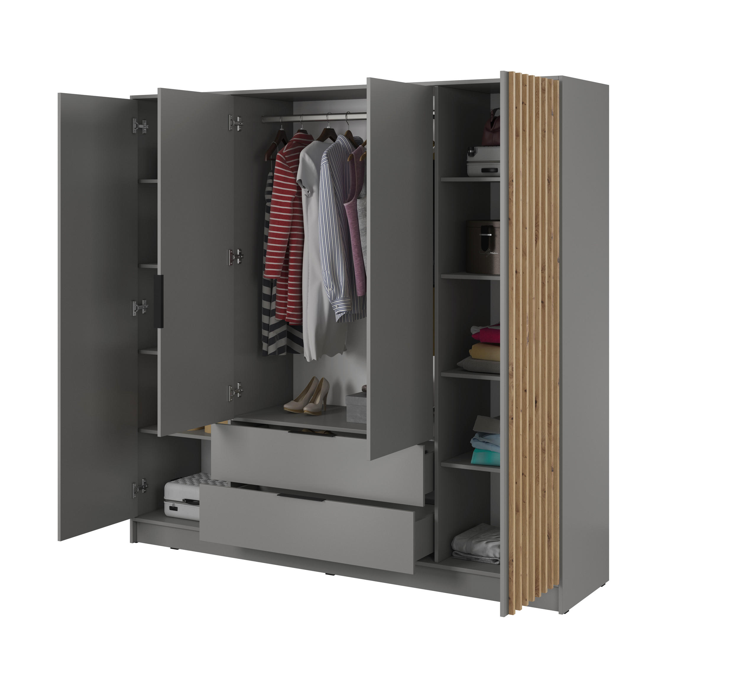 DREHTÜRENSCHRANK - John 4D mit Spiegel Grau + artisan - Grau, Holzwerkstoff/Metall (206/200/51cm) - Möblo