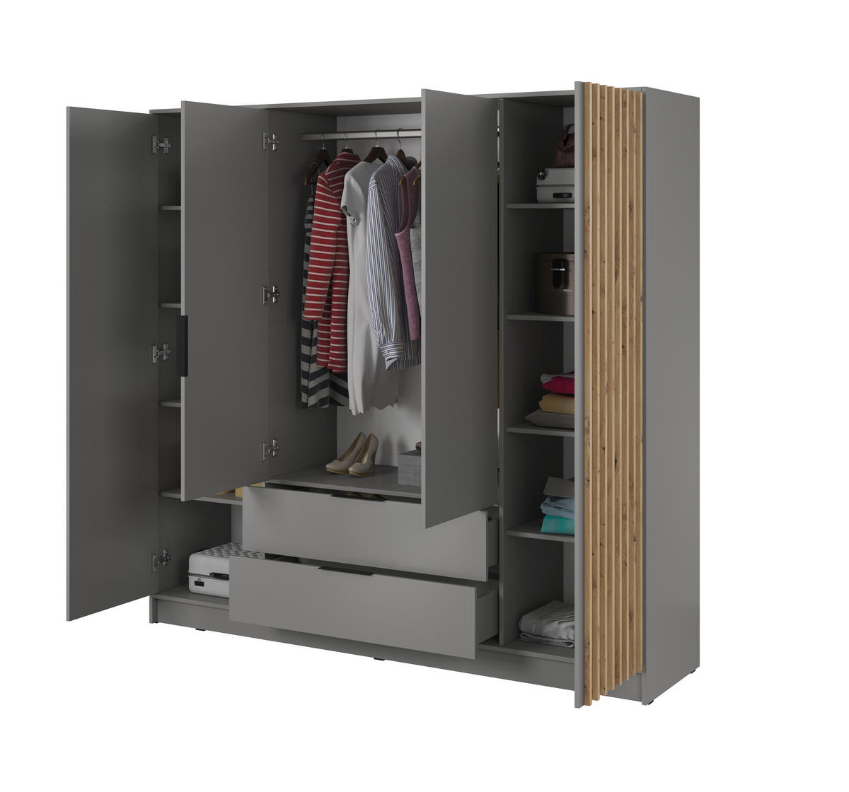 DREHTÜRENSCHRANK - John 4D ohne Spiegel Grau + artisan - Grau, Holzwerkstoff/Metall (206/200/51cm) - Möblo