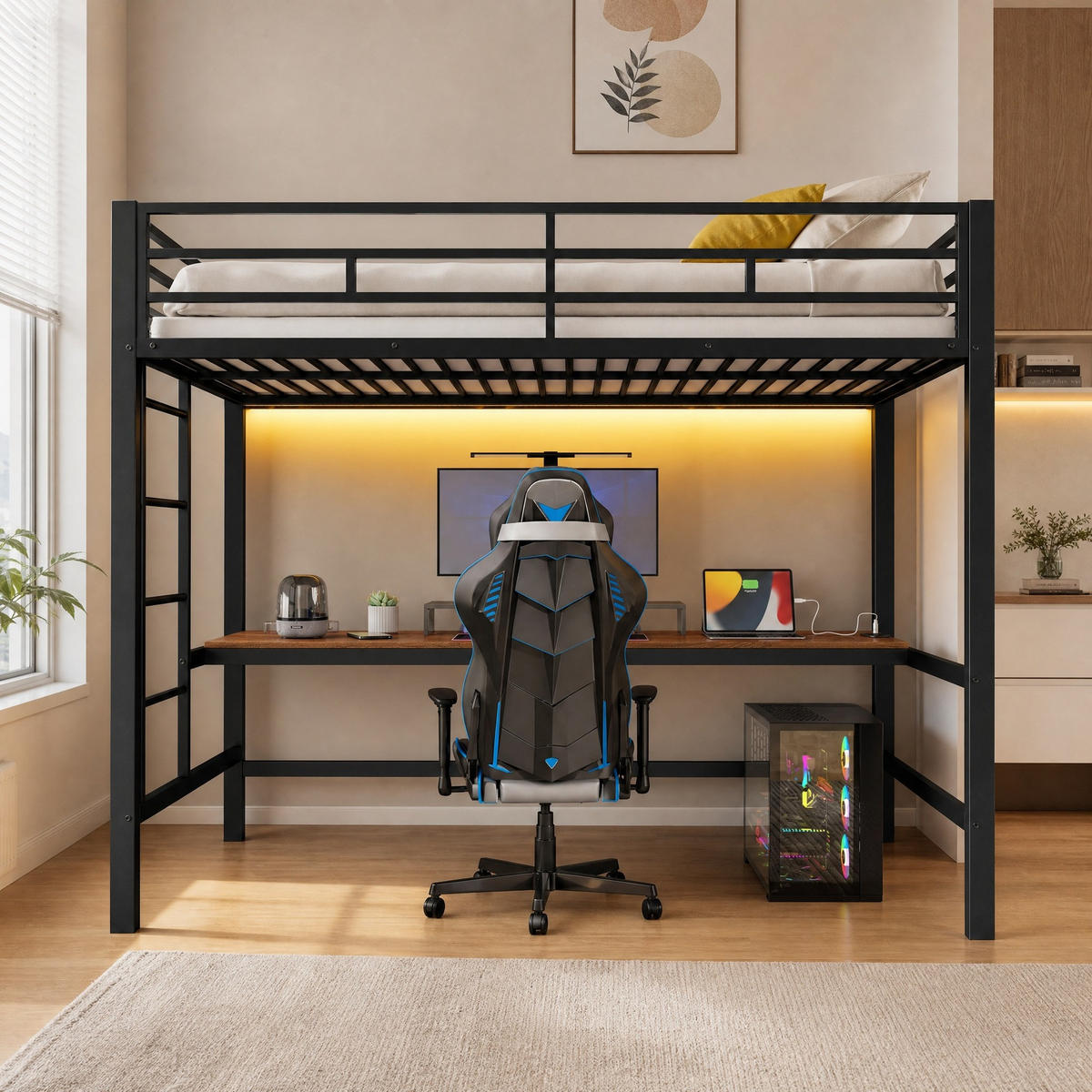 HOCHBETT 90/200 mit LED, Schreibtisch und USB/Type-C in Schwarz - Schwarz, Holzwerkstoff/Metall (90/200cm) - EVRYAE