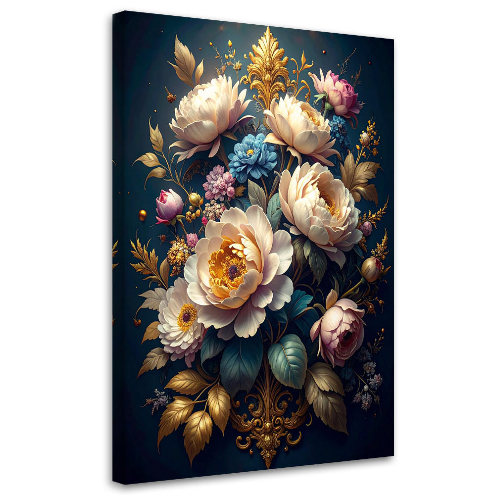 WANDBILD, Ein Strauß cremefarbener Rosen und Blumen auf dunklem botanischem Hintergrund - Blau, Textil (20/30cm) - Feeby
