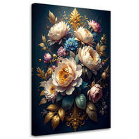 WANDBILD, Ein Strauß cremefarbener Rosen und Blumen auf dunklem botanischem Hintergrund - Blau, Textil (20/30cm) - Feeby