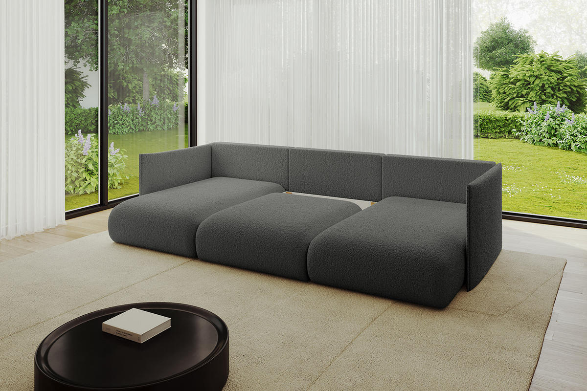 WOHNLANDSCHAFT mit Schlaffunktion und Bettkasten ONESK-U 304x165x40 Grau Bouclé - Grau, Holzwerkstoff/Kunststoff (304/90/165cm) - ALTDECOR