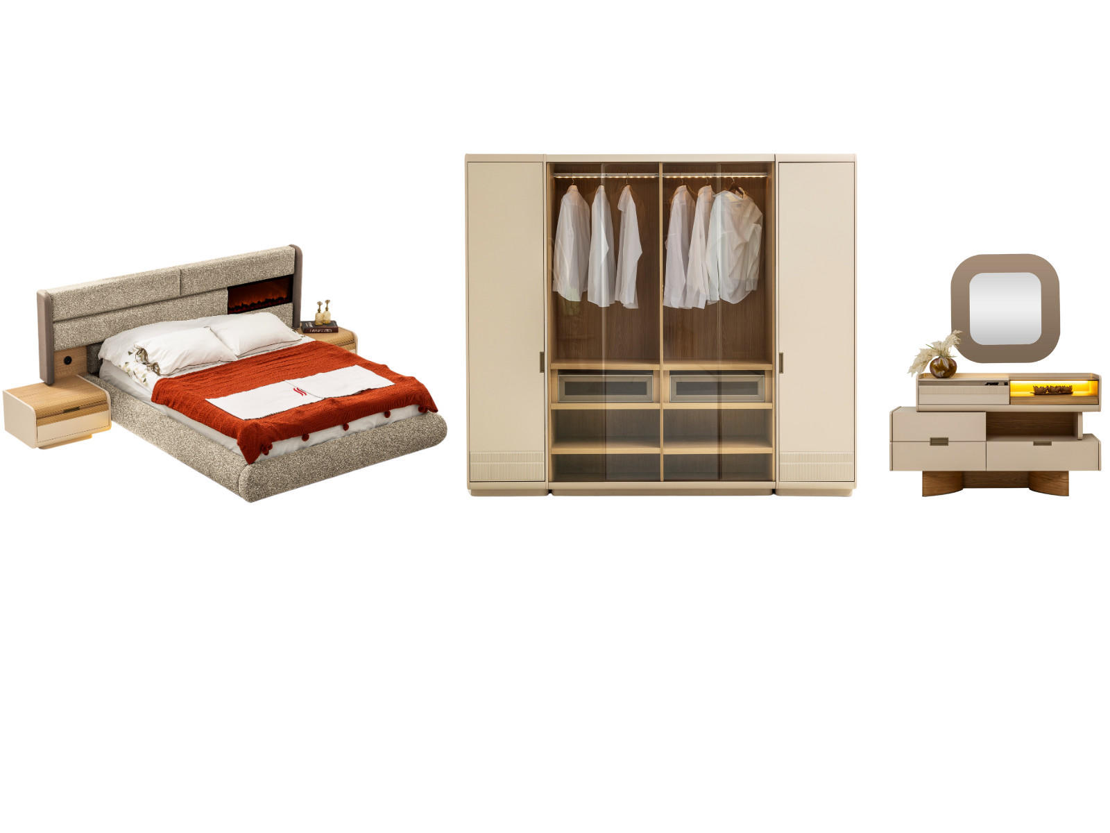 BETTANLAGE Aura Neu Typ-1 Bett mit Kopfteil, 2 Nachttische, Kleiderschrank und Kommode - Beige, Holzwerkstoff (160/200cm)