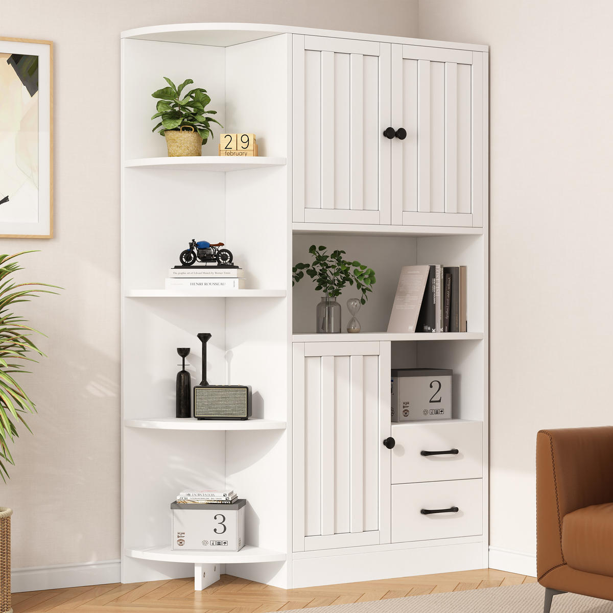 BUFFET mit 3 Schränken 2 Schubladen und 14 Ablageflächen 104/35/155 cm - Weiß, Holzwerkstoff (104/155/35cm) - EVRYAE