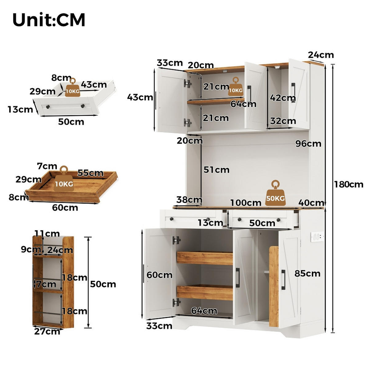 KÜCHENSCHRANK mit LED-Beleuchtung, integrierten Steckdosen, ausziehbarem Organizer, MDF, 100/180/40 cm - Naturfarben, Kunststoff (40/180/100cm) - Rolipo