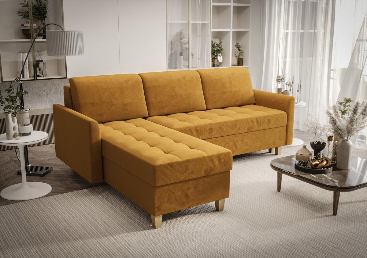 ECKSOFA KONGO RBN08, Eckcouch in L-Form mit Schlaffunktion, Farbe: Gelb, Velourstoff, Ottomane Links - Gelb, Textil (240/180cm) - O-Sofa