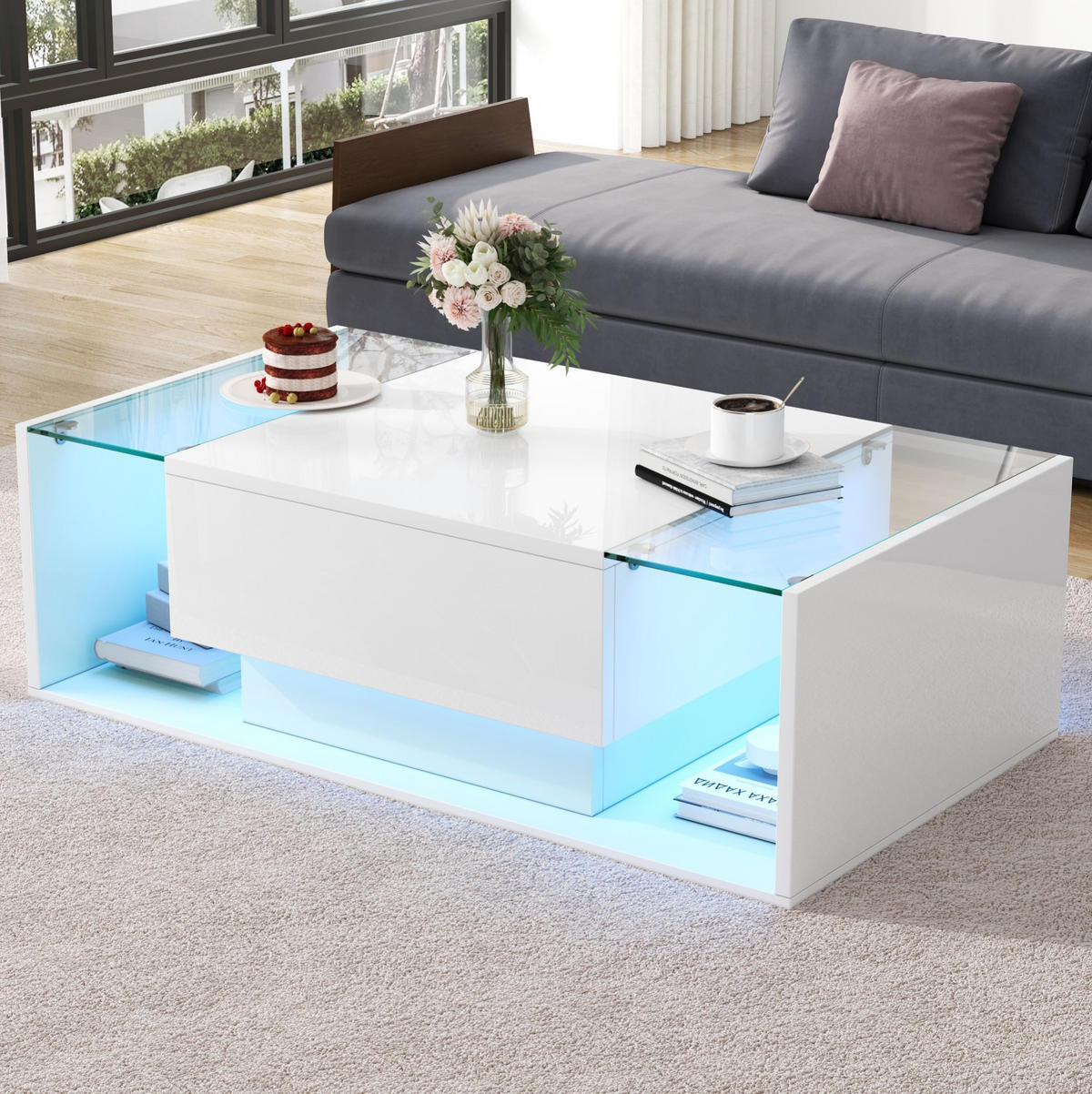 COUCHTISCH aus Spanplatte & Glas 100x50x31 cm in Weiß mit LED & 1 Schublade - Weiß, Holzwerkstoff (100/50/31cm) - Modfu