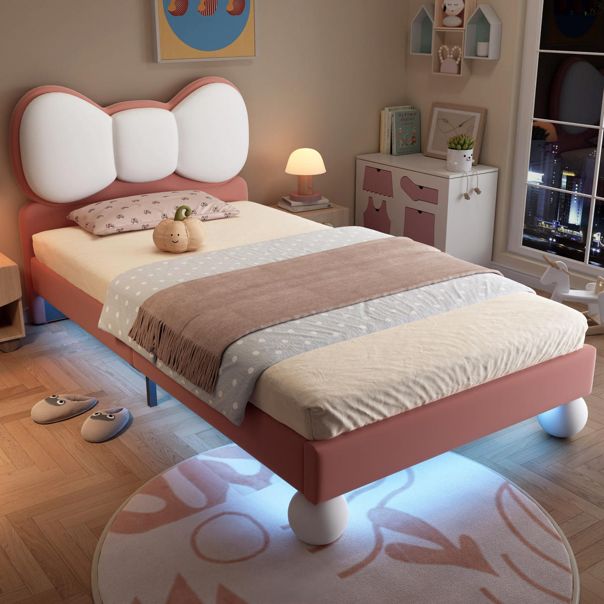 KINDERBETT 90/200 cm aus Samt mit LED-Beleuchtung in Beige und Rosa - Rosa, Textil (90/200cm) - Flora Grace