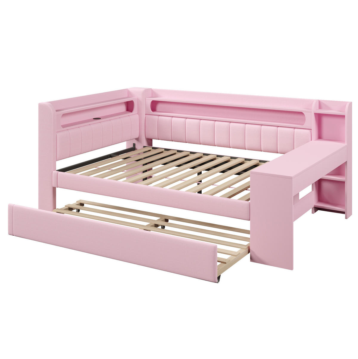 POLSTERBETT 140/200 cm Rosa aus MDF, Sperrholz und Leinen mit Ausziehbett, LED und USB - Rosa, Holzwerkstoff (140/200cm) - OKMYHOME