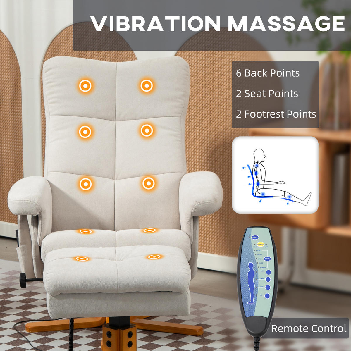 RELAXSESSEL Massagesessel mit Hocker Fernsehsessel mit Liegefunktion Cremeweiß - Creme/Braun, Holz/Textil (86/99/80cm) - HOMCOM
