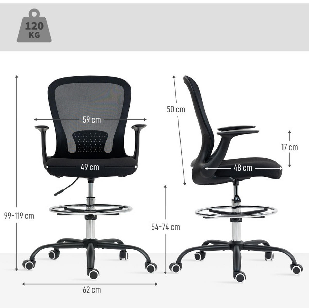 BÜROSTUHL höhenverstellbar 59 x 62 x 99-119 cm Schwarz - Schwarz, Kunststoff (59/119/62cm) - Meubliv