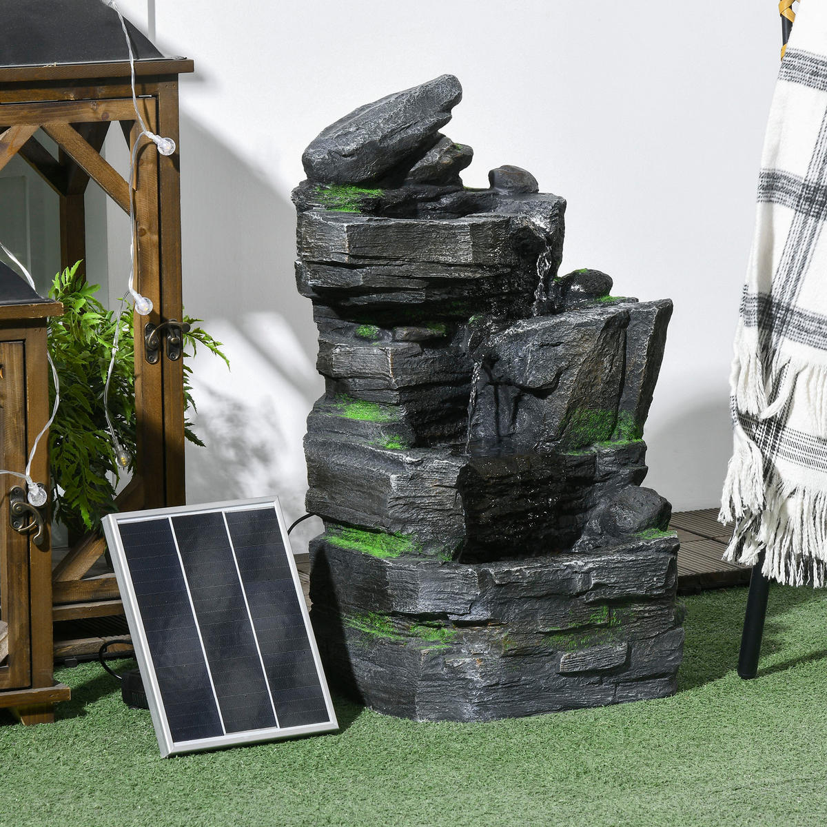 GARTENBRUNNEN in Steinoptik, 4-stufig, solarbetrieben, LED, 57 cm, Kunstharz, grau/braun - Dunkelgrau, Kunststoff (28/34cm)