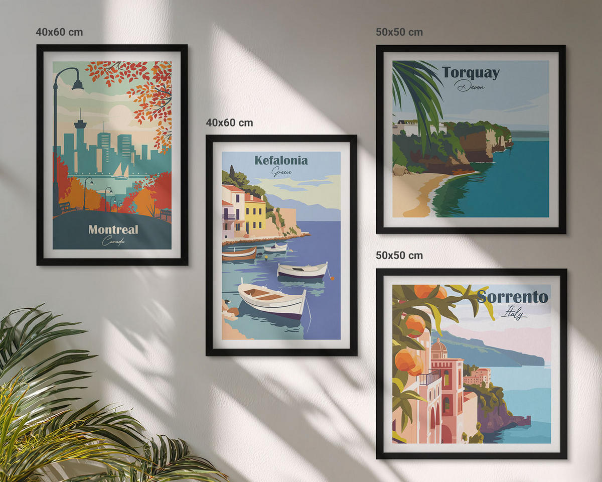 BILDER SET 4er Set - 50x50 cm & 40x60 cm Schwarzer Rahmen - Retro-Ansichten von Städten auf der ganzen Welt - Schwarz, Kunststoff (50/50cm) - TULUP