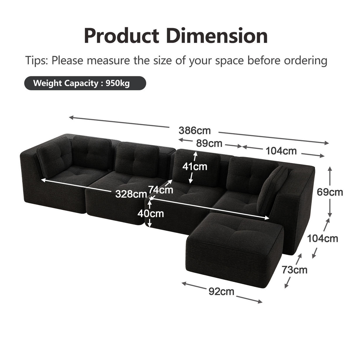 4-SITZER ECKSOFA Cord Schwarz mit Kissen und Hocker - Schwarz, Textil (386/177cm) - WISHDOR