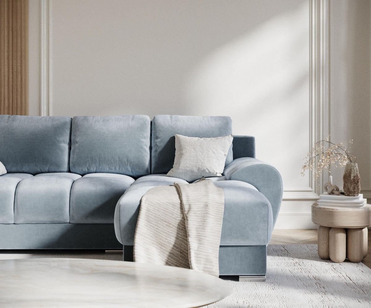 ECKSOFA MIT SCHLAFFUNKTION Peebles Blau Samtstoff - Chromfarben/Blau, Holz/Holzwerkstoff (256/175cm) - Maison de Reve