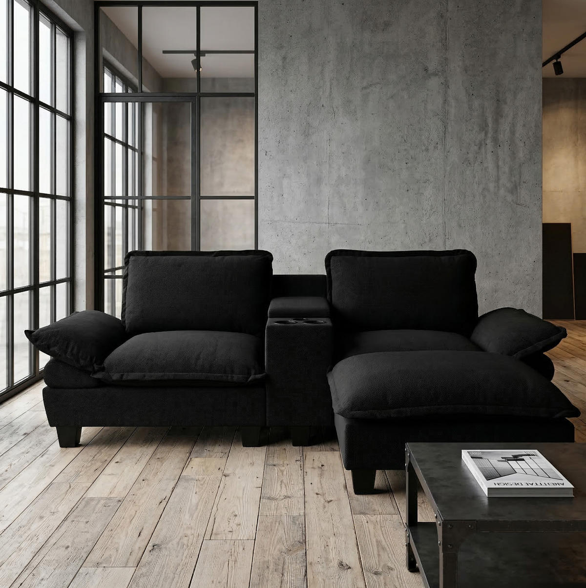 SOFA mit Ottomane und Stauraum 224 x 151 cm Chenille Black - Schwarz, Holzwerkstoff (151/224cm) - Meubliv