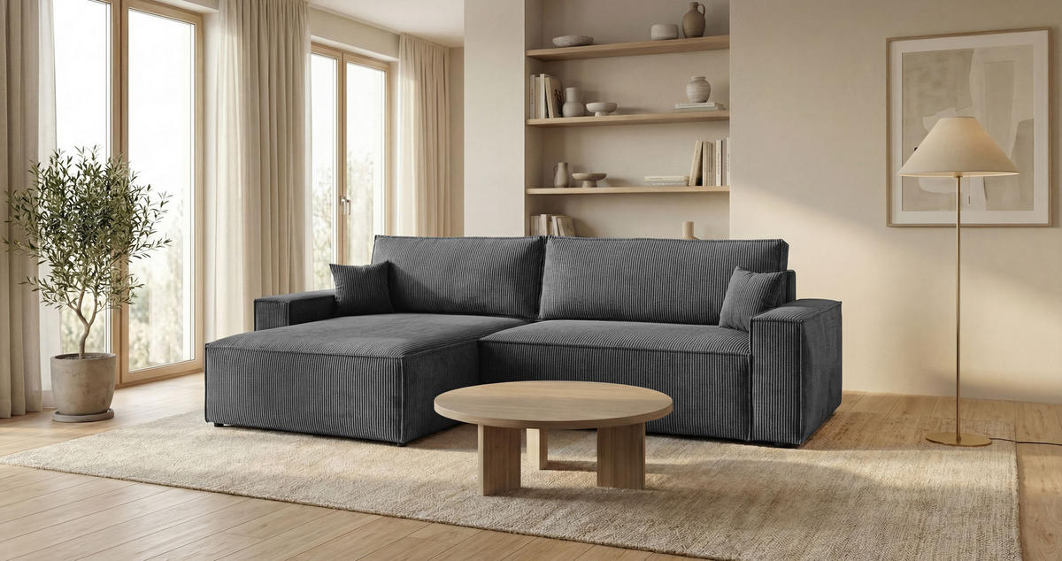 ROHOVÁ pohovka VIENNA levá tmavě šedá manšestr Poso 60 - funkce spaní, úložný prostor - antracitová, textil (285/185cm) - Cornero