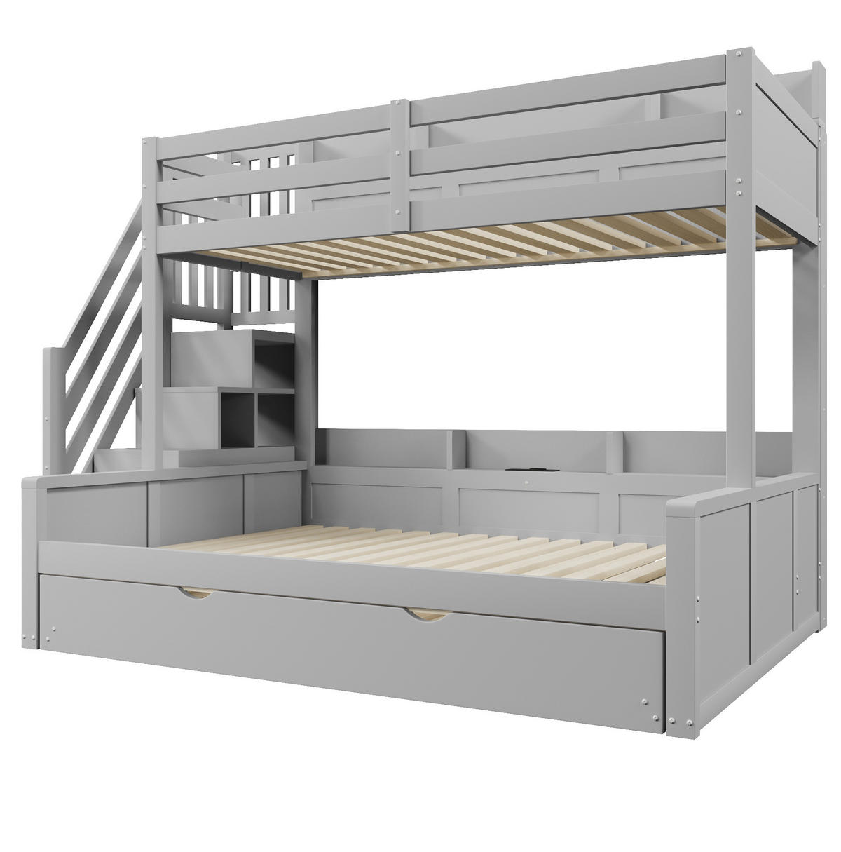 ETAGENBETT aus MDF und Kiefer 90x200/140x200 cm Grau mit Ausziehbett, Stauraumtreppe und USB-Anschluss - Grau, Holz (90/200cm) - Modfu
