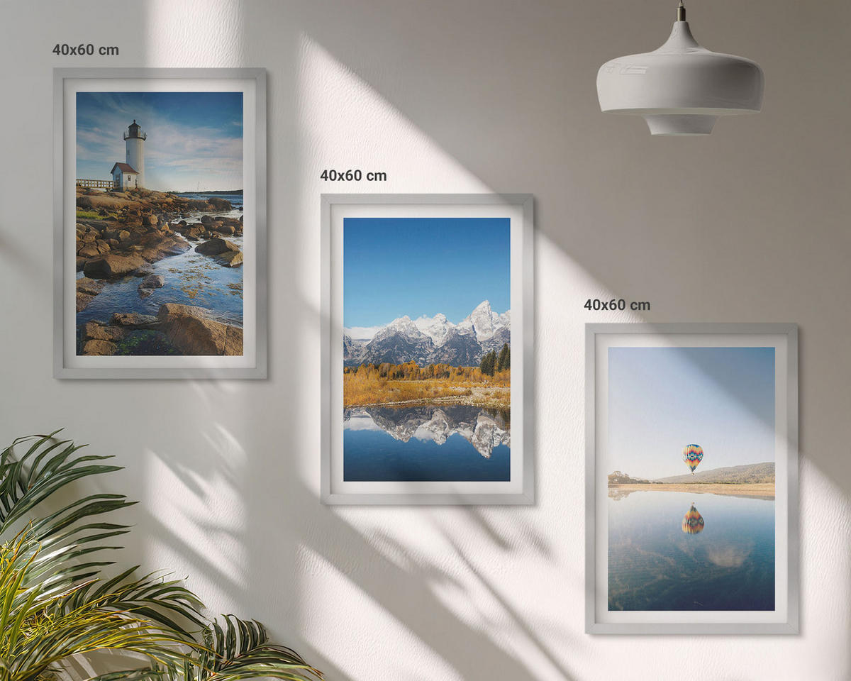 WANDBILDER 3er Set - 40x60 cm Silberner Rahmen - Naturansichten, Leuchtturm, Berge, Ballonfahrt - Silberfarben, Kunststoff (40/60cm) - ArtPrintCave