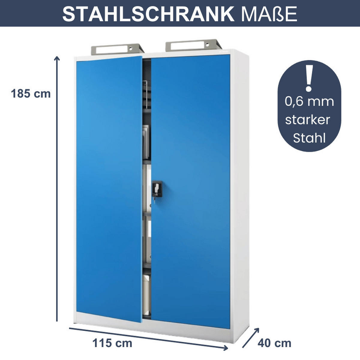 AKTENSCHRANK abschließbar KADO mit Flügeltüren 185x115x40cm Grau-Blau - Grau, Metall (115/185/40cm) - DELUKE