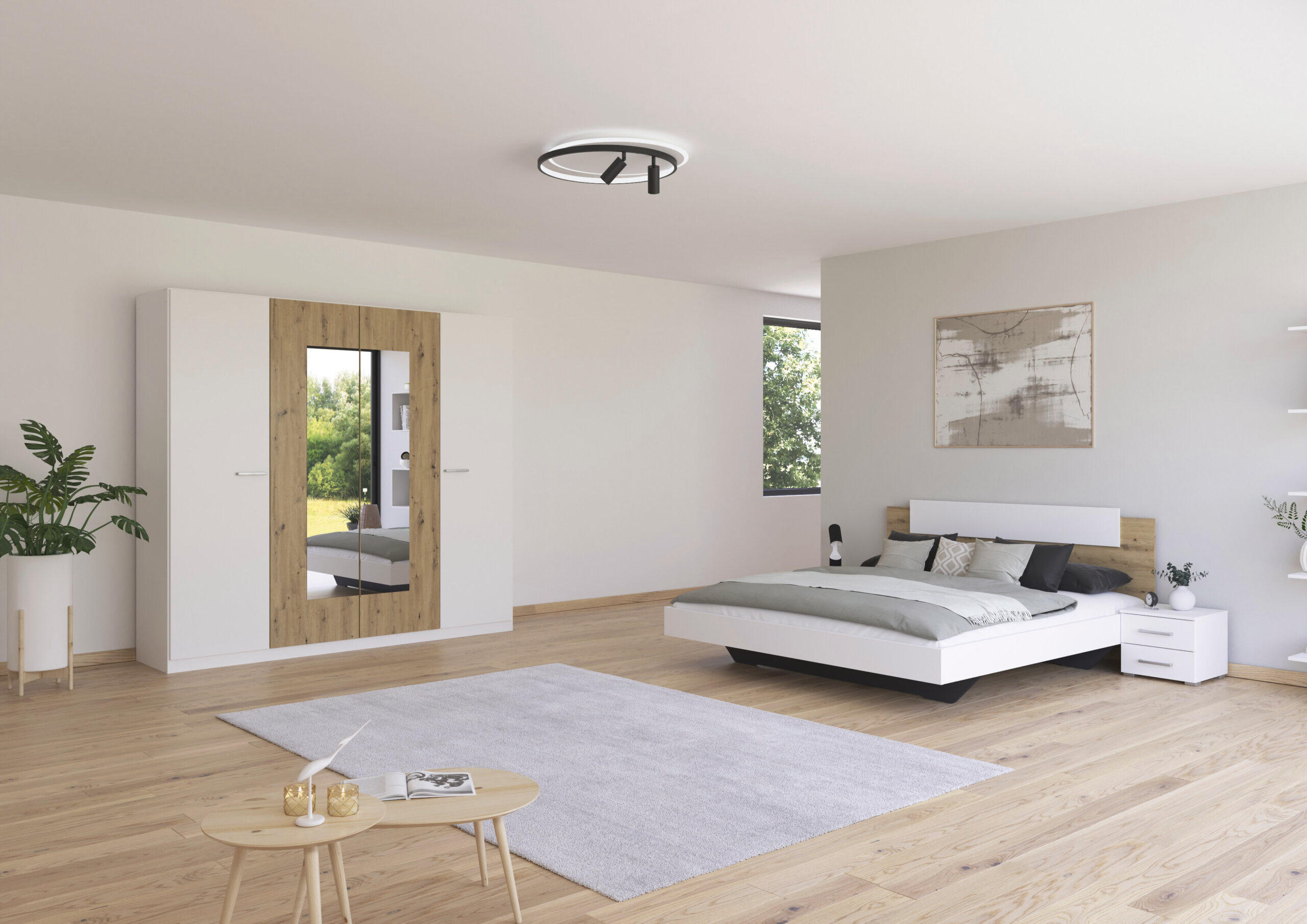 SCHLAFZIMMER Borba in Weiß und Eiche 4 teilig – mit Bettanlage 180x200cm, zwei Nachttisch und Drehtürenschrank 225cm Breite - Weiß, Holzwerkstoff (80/200/120cm)