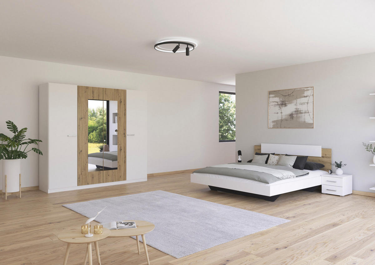 SCHLAFZIMMER Borba in Weiß und Eiche 4 teilig – mit Bettanlage 180x200cm, zwei Nachttisch und Drehtürenschrank 225cm Breite - Weiß, Holzwerkstoff (80/200/120cm)