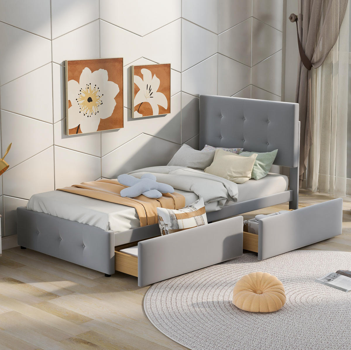 POLSTERBETT 90/200 cm Grau aus Samt mit Schublade - Grau, Textil (90/200cm) - Flora Grace