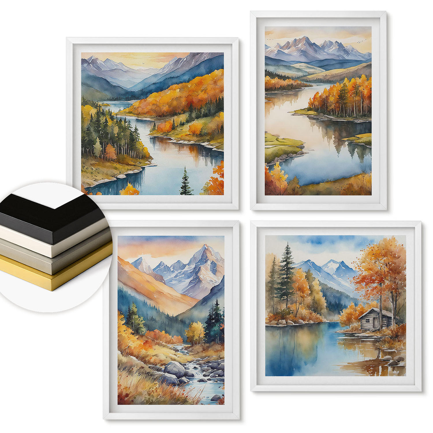 WANDBILDER 4er-Set - 50x50 cm & 40x60 cm Weißer Rahmen - Bergblick, Fluss, Herbst - Weiß, Kunststoff (50/50cm) - ArtPrintCave