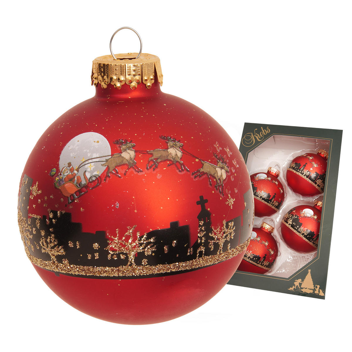 CHRISTBAUMKUGELN Santa mit Rentieren Rot 7cm (Glas / 4 Stk.) - Rot, Glas (7/7/7cm) - Krebs Glas Lauscha