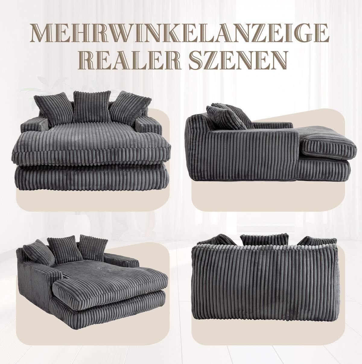 BIGSOFA Chaiselongue Cord mit 3 Kissen 125/155/63 cm Dunkelgrau - Dunkelgrau, Textil (63/125/155cm) - Redom