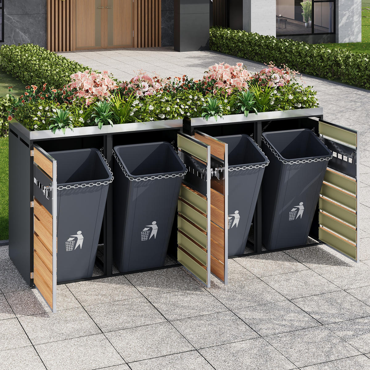 MÜLLTONNENBOX 4 Türen abschließbar Pflanzdach Belüftung - Multicolor, Metall (160/236/264cm) - FLIEKS