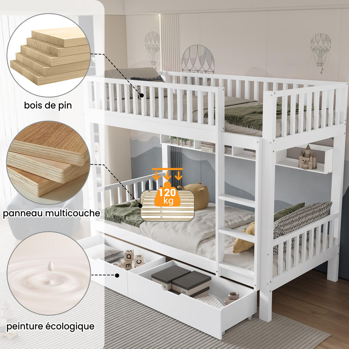 BETT Etagenbett mit Leiter und Stauraum Weiß 90x200 cm - Weiß, Holz (90/200cm) - ComfortXL