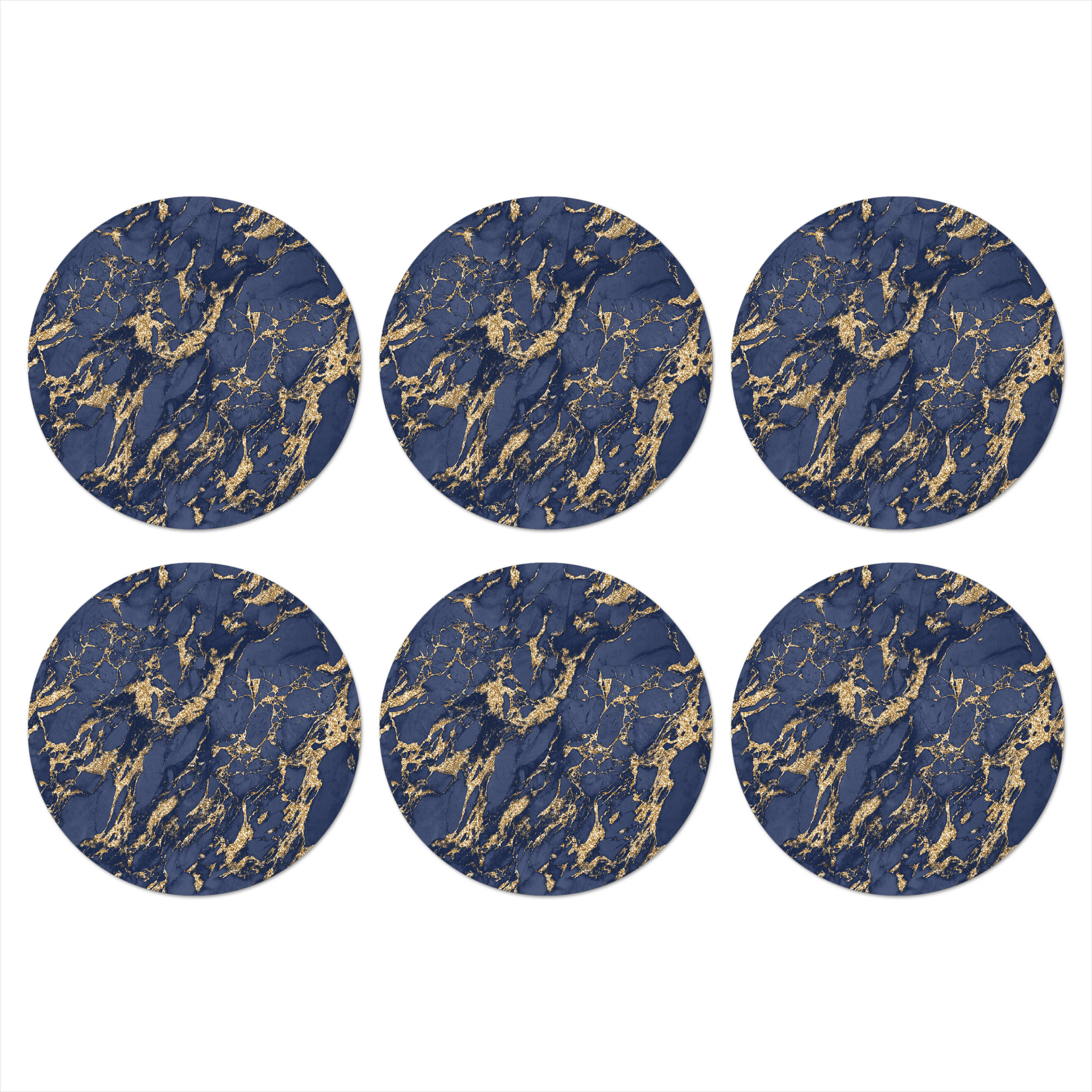 GLASUNTERSETZER 6er-Set Rund Blau - Gold - Muster - Marmor 10x10 cm - Dunkelblau, Naturmaterialien (10/0.2cm) - MuchoWow