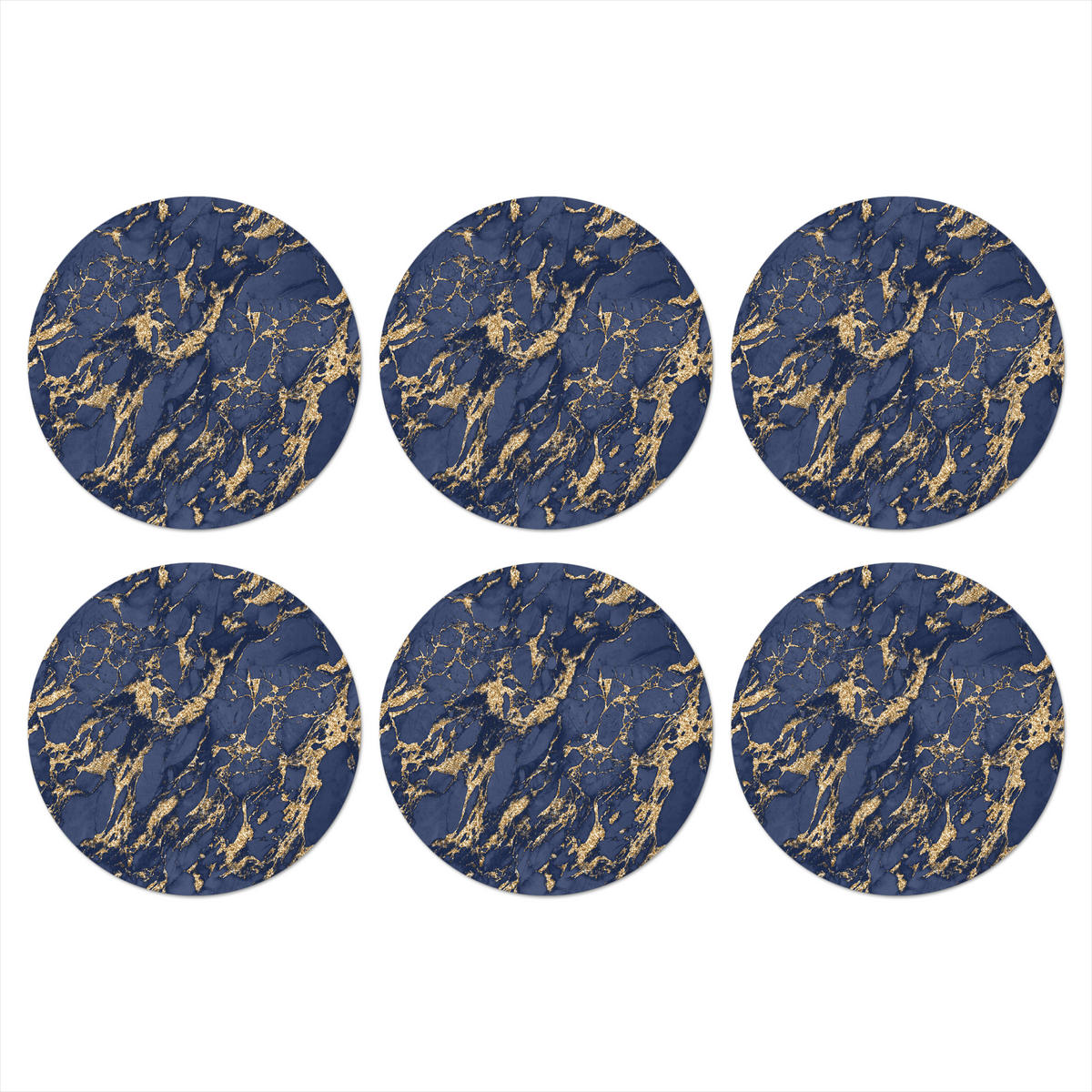 GLASUNTERSETZER 6er-Set Rund Blau - Gold - Muster - Marmor 10x10 cm - Dunkelblau, Naturmaterialien (10/0.2cm) - MuchoWow