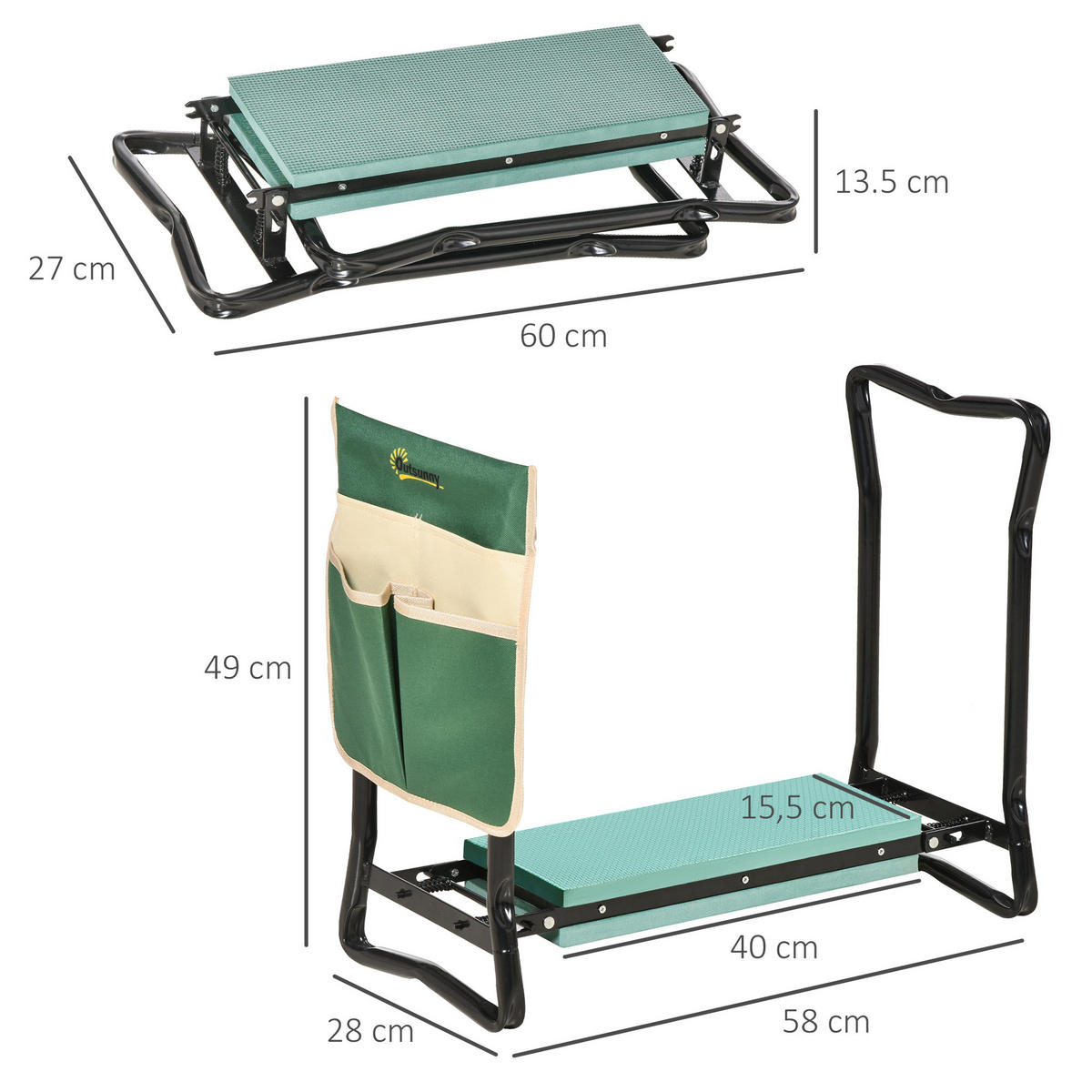 KNIEBANK mit Werkzeugtasche, EVA-Schaumstoff, 58 x 28 x 49 cm - Grün, Kunststoff (28/49/58cm) - Outsunny