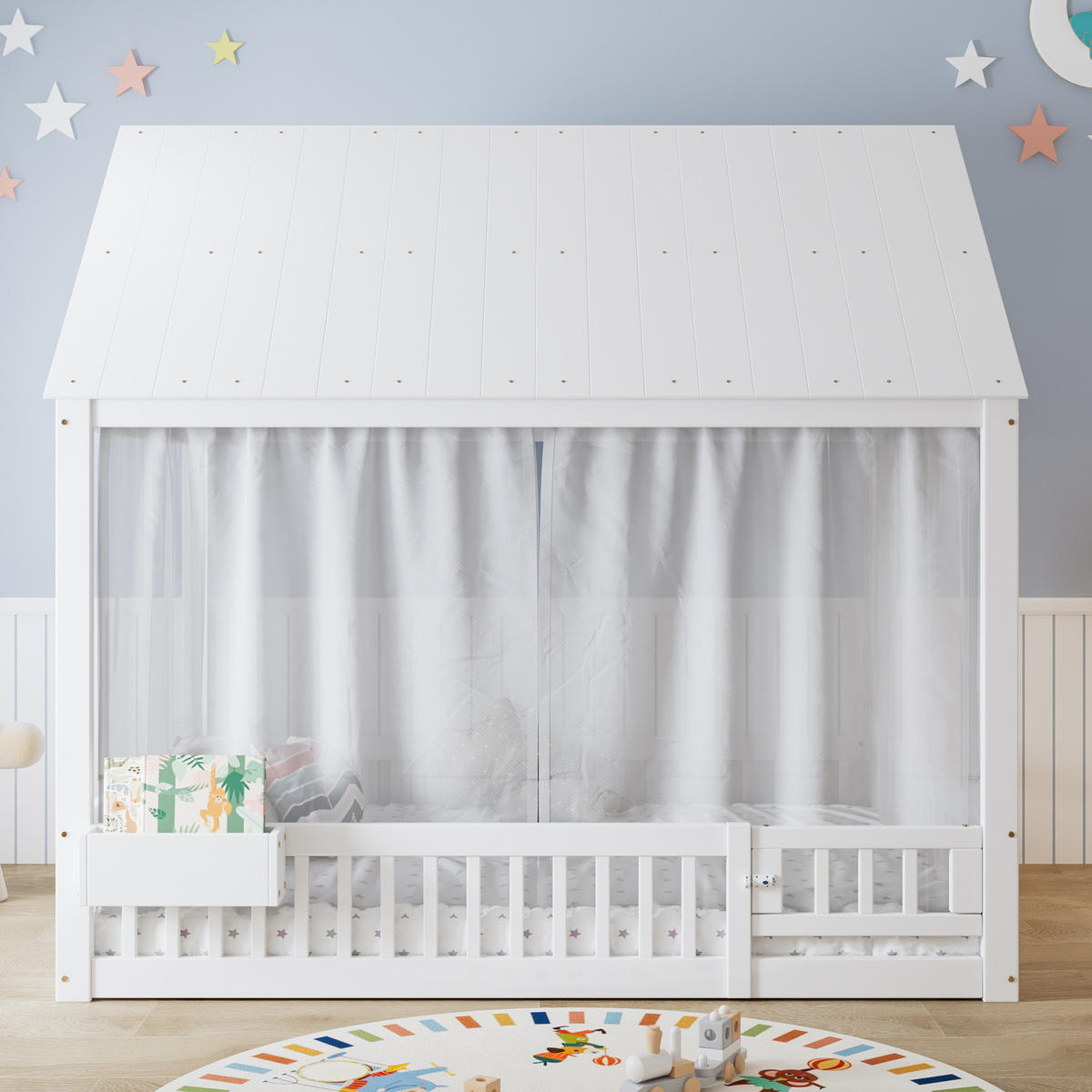 DETSKÁ posteľ 140/200 cm biela s úložným priečinkom a závesmi z masívneho dreva a MDF - biela, drevo (140/200cm) - OKWISH