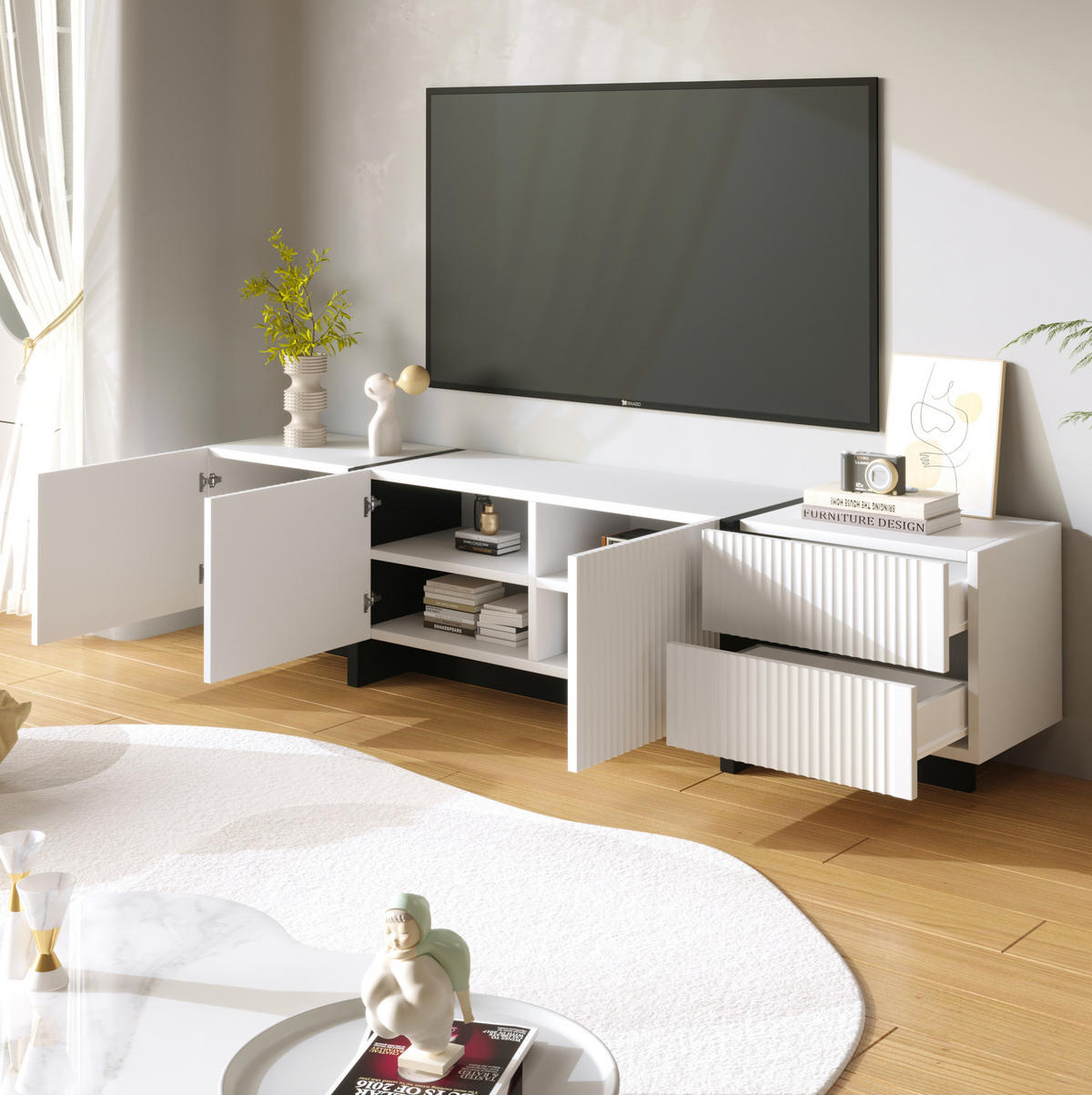 TV-SCHRANK aus MDF und Spanplatte 190x35x45 cm Schwarz/Weiß mit 3 Türen, 2 Schubladen und Dämpfungsscharnieren - Weiß, Holzwerkstoff (190/45/35cm) - Modfu
