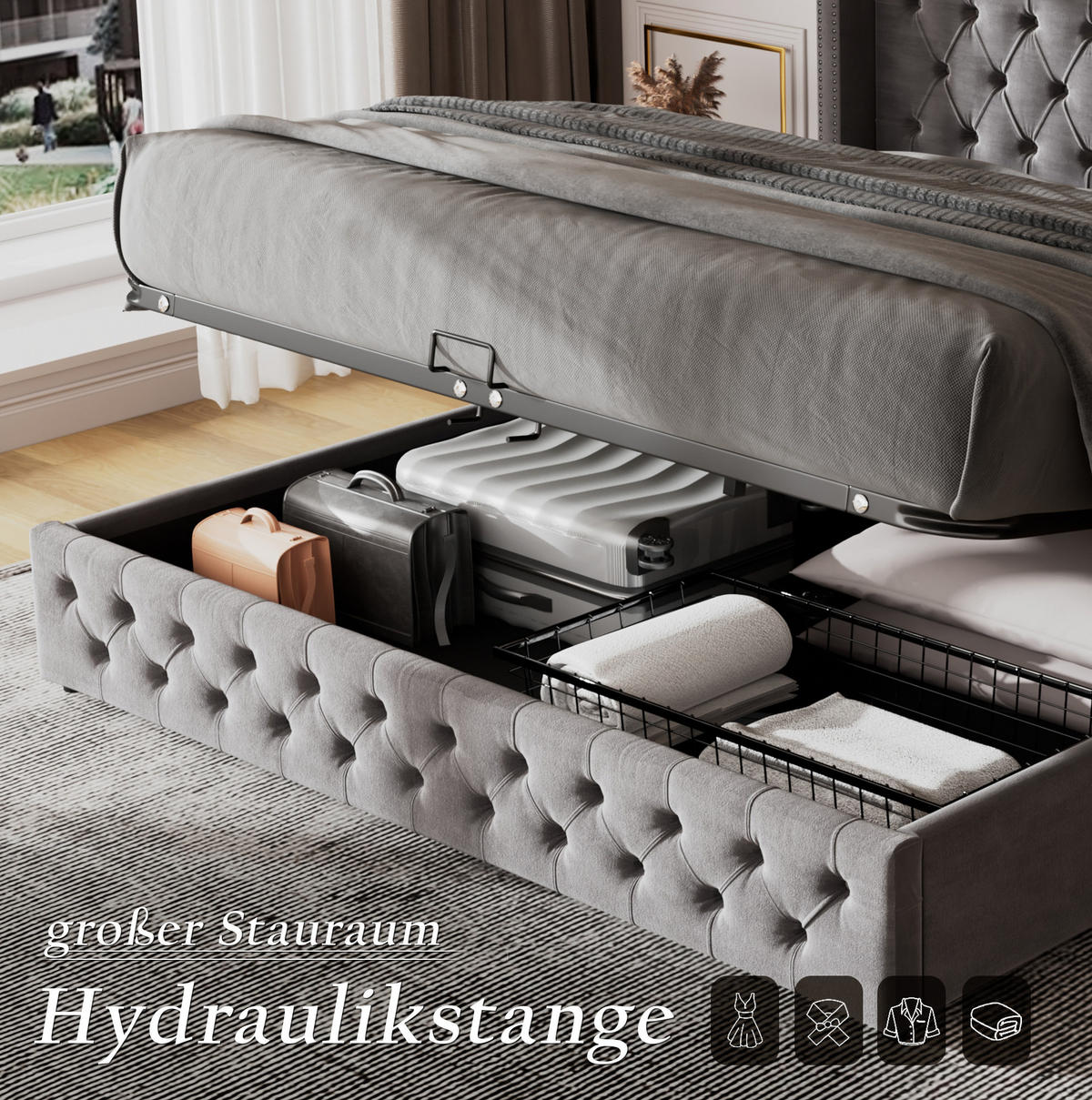 POLSTERBETT 160/200 cm mit hydraulischem Bettkasten, Chesterfield-Design mit Nieten und Rautensteppung, Grau - Grau, Textil (160/200cm) - Redom