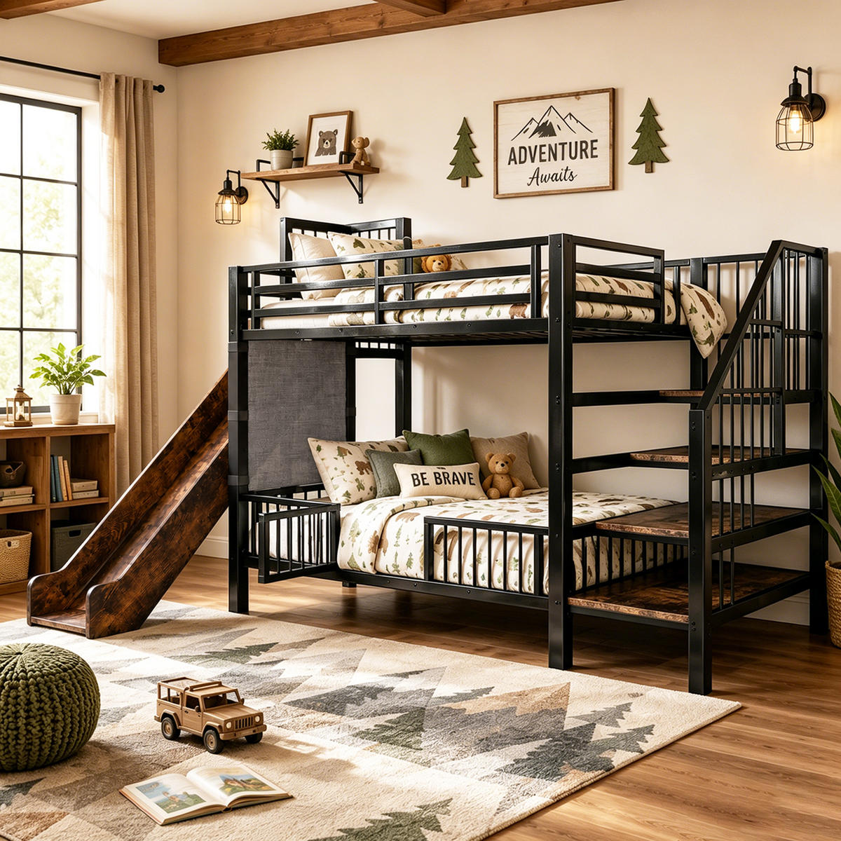 ETAGENBETT 90/200 mit Rutsche, Stauraumtreppe und Regalen in Schwarz - Schwarz, Holzwerkstoff/Metall (90/200cm) - EVRYAE