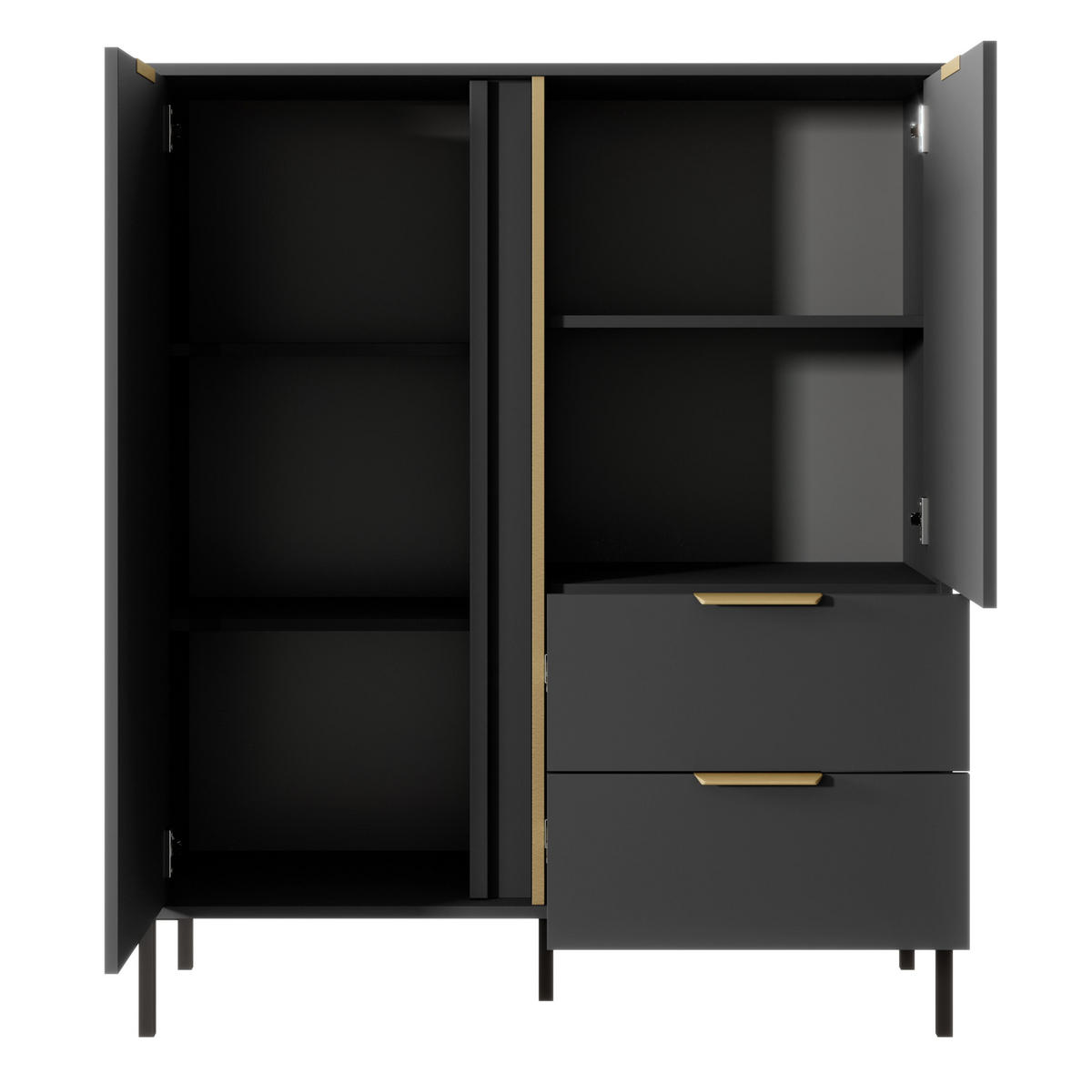 HIGHBOARD Catanian 2T 2S Grau 103,3/123,4/39,5 cm – mit goldenen Griffen und schwarzen Beinen - Schwarz/Grau, Holzwerkstoff/Metall (103.3/123.4/39.5cm) - AX Living