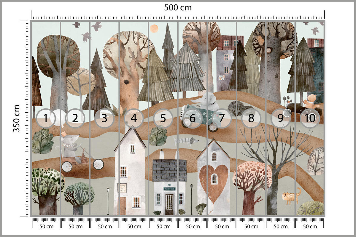 FOTOTAPETE für Kinderzimmer Fantastische Stadt Häuser Wald Tiere Autos 500x350 - Beige/Braun, Papier (500/350cm) - Muralo