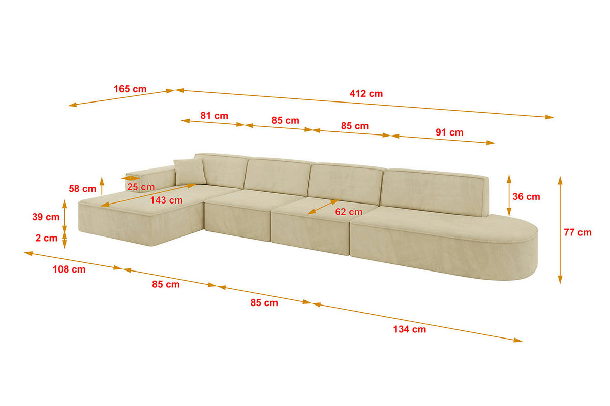 ECKSOFA Ottomane Links IREA-L3-v4 - 412x165x77 cm Beige - Taupe/Creme, Holzwerkstoff/Textil (412/165cm) - ALTDECOR
