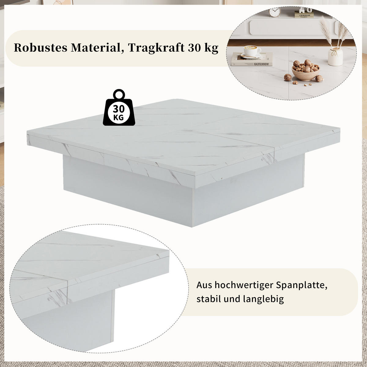 COUCHTISCH in Weiß Couchtisch mit Marmor-Optik und sowie schiebbarer Tischplatte für Wohnzimmer, B90/T90/H25 cm - Weiß, Holzwerkstoff (90/90/25cm) - STILVORA
