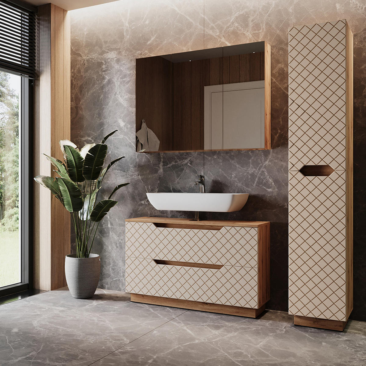 BADMÖBEL-SET Lotta Eiche/Kaschmir mit Kachelstruktur 3 Teile - Kaschmir/Eichefarben, Holzwerkstoff (99.4/62.5/32cm) - Vicco