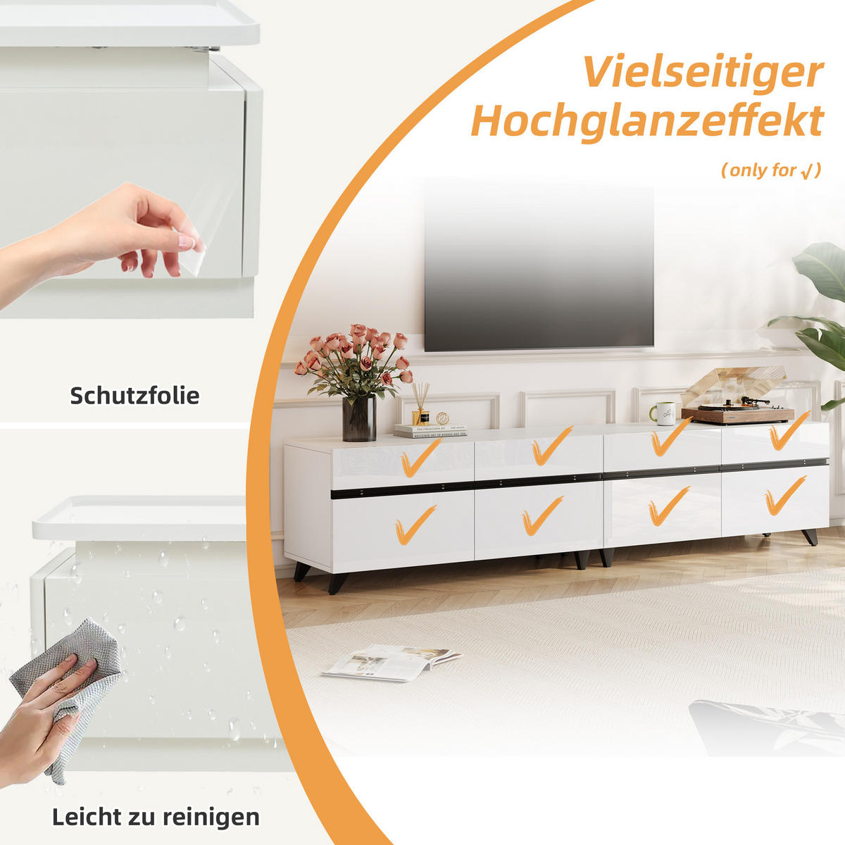 TV-SCHRANK Hochglanz 4 Türen 8 Beine 80 Zoll 180cm Weiß Modern - Weiß, Holzwerkstoff (180/49/40cm) - FLIEKS