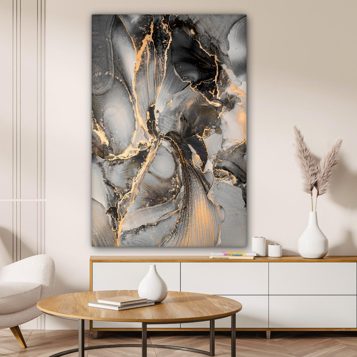 LEINWANDBILD Grau - Luxus - Gold - Marmor Deko Groß 90x140 cm - Dunkelgrau, Textil (90/140cm) - MuchoWow