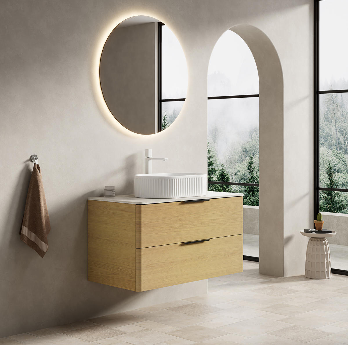 WASCHTISCH 90 cm mit 2 Schubladen Beige, Oak, White - Beige, Holzwerkstoff (46/62.2/90cm) - Beauniv
