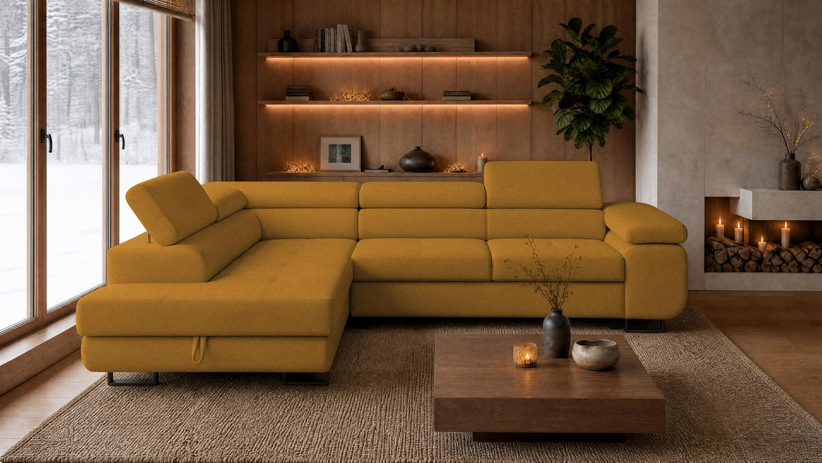 ECKSOFA Velmo mit Bettkasten und Schlaffunktion, verstellbaren Kopfstützen, in L-Form - Goldfarben, Textil (275/203cm)
