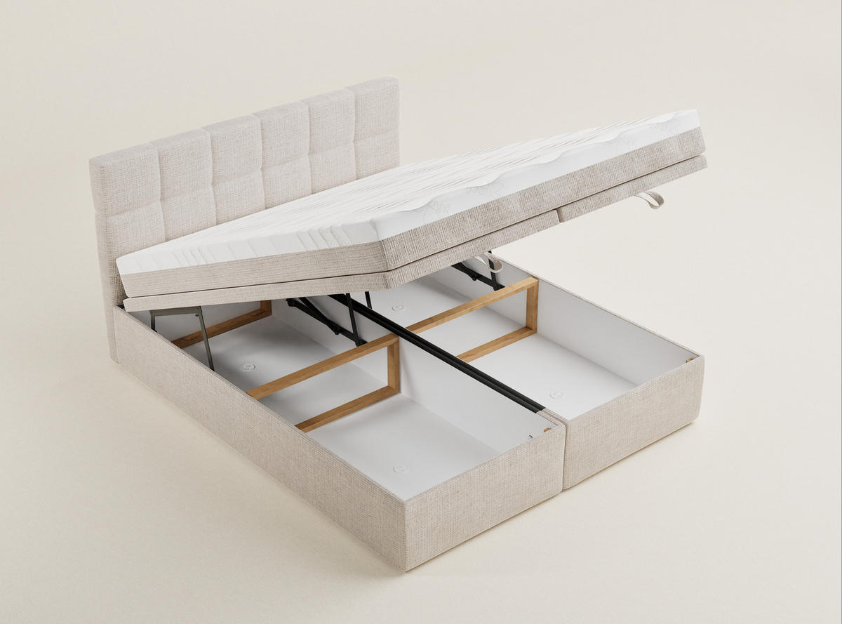 BOXBETT 200/200 cm Gotu S, in Creme, Matratze, gepolstertes Kopfteil, Bettkasten, H3 = fest - Creme/Schwarz, Holz/Holzwerkstoff (200/200cm) - Maison de Reve