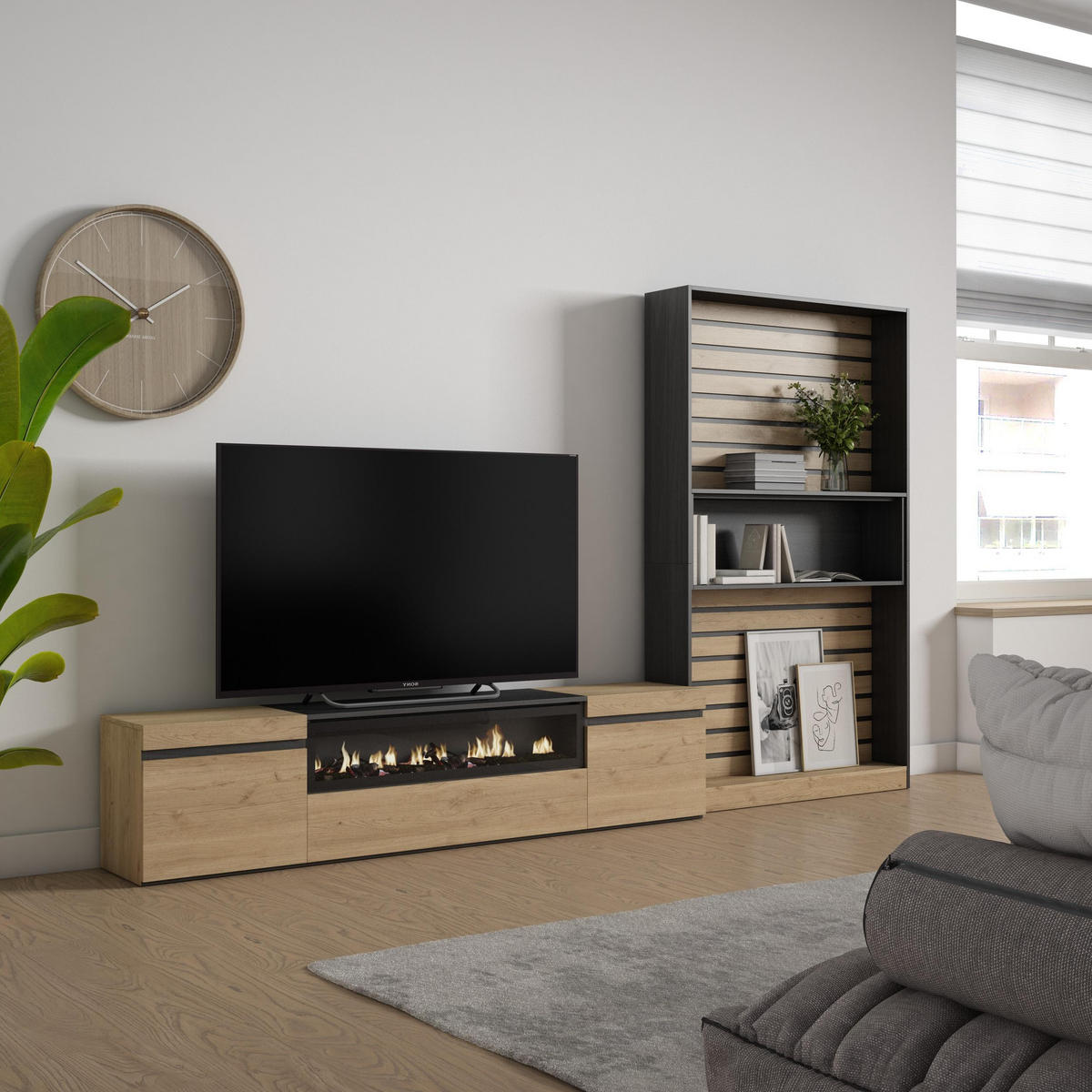 WOHNWAND Wohnzimmer, eiche, schwarz, Elektrokamin,, 310/35/186cm - Eichefarben/Beige, Holzwerkstoff (310/186/35cm) - Skraut Home